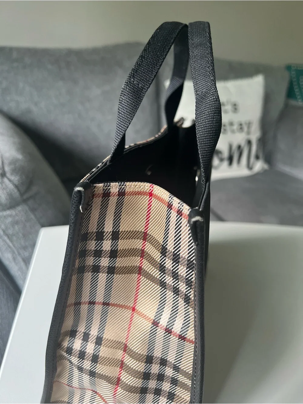 Burberry Black Canvas Tote with Beige Plaid Trim - Handheld Bag